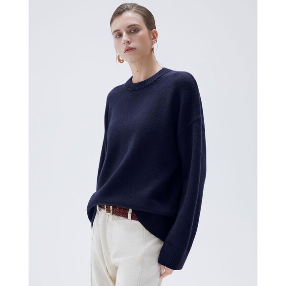 Women Cashmere Blend Oversized Crew Neck Navy Blue Soft Warm Pullover Sweater - Picture 2 of 5